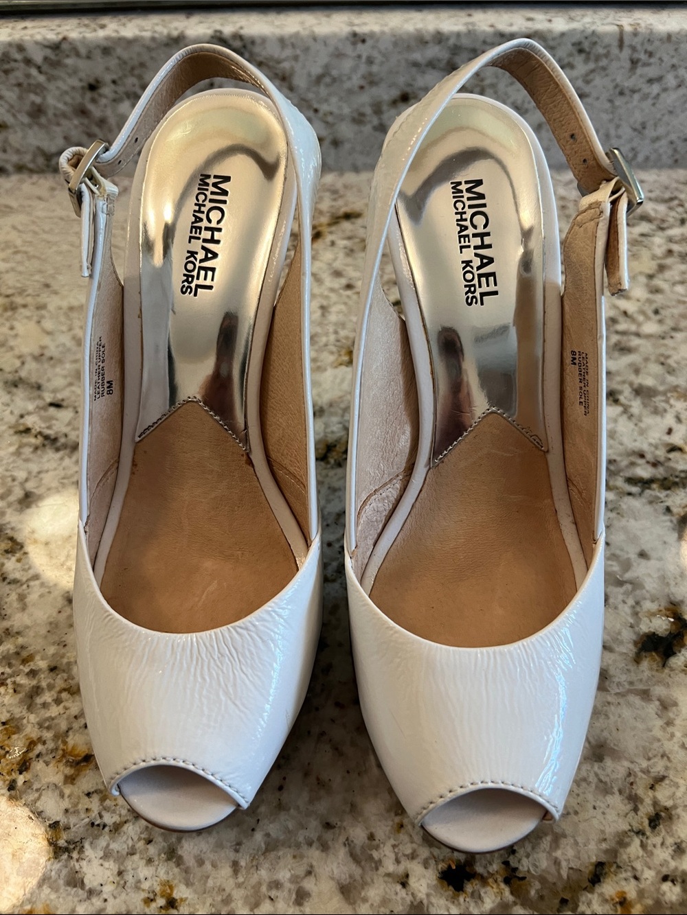 MICHAEL Michael Kors White Patent Peep-Toe Slingback Heels